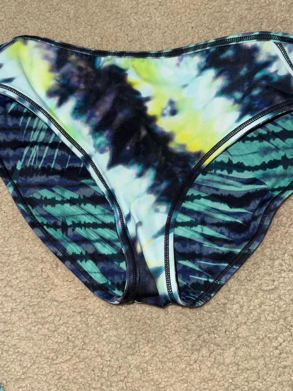Athleta Girls Teal and Navy Abstract Stripe 3-Piece Swim Set